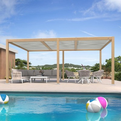 PURPLE LEAF Louvered Pergola Outdoor Aluminum Pergola with White Adjustable Rainproof Roof Wood Grain Frame Hardtop Gazebo for Patio Deck Garden