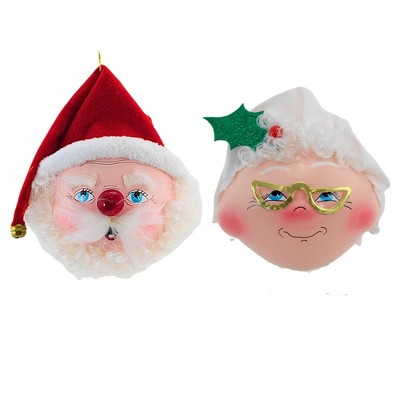 Italian Ornaments 5.5 Inch Mr. & Mrs. Claus Heads Glasses Santa Handmade Tree Ornament Sets