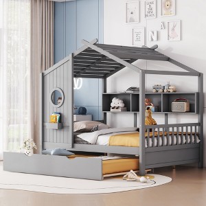 Twin/Full Size Wood House Platform Bed with Trundle and Storage Shelf for Kids, 4Q -ModernLuxe - 1 of 4