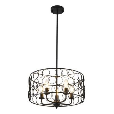 PAKOKULA Farmhouse 5-Light Black Modern Drum Chandelier
