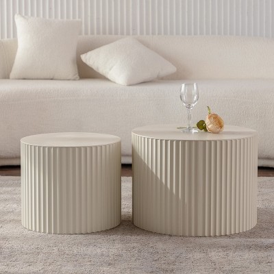 Modern Drum Nesting Coffee Table Set Of 2,Wave Stripe Round Wood Coffee Table For Living Room,Apartment,No Assembly Required-Coolbibila
