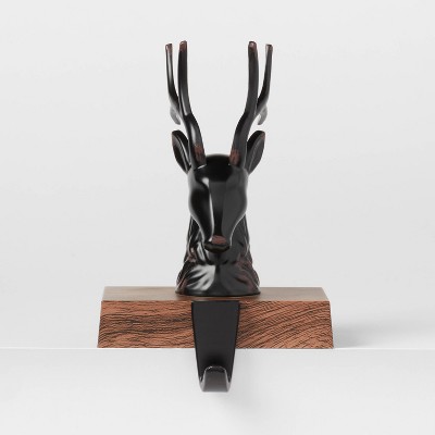 Metal Deer Head Christmas Stocking Holder with Faux Wood Base Black - Wondershop™