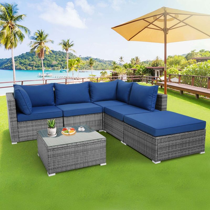 Costway 6PCS Patio Wicker Furniture Set Cushioned Sectional Sofa Coffee Table Navy Deck, 1 of 10