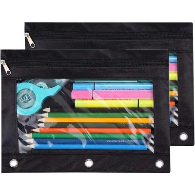 Fmeida Pencil Pouch 3 Ring, Zipper Pencil Pouches Case Binder Cosmetic Bag Black 2 Pack