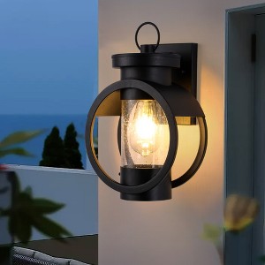 6.7" Contemporary Outdoor Wall Sconce with Black Metal Frame and Clear Seeded Glass, Weatherproof Light Fixture for Patio, Garden, or Front Porch - 1 of 4