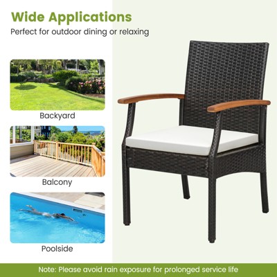 Set of 2 Off-White Cushioned Wicker Dining Chairs with Acacia Wood Armrests