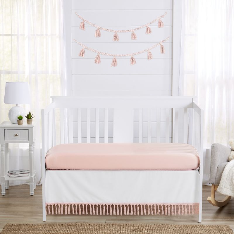 Sweet Jojo Designs Girl Baby Crib Bed Skirt Boho Fringe Collection Solid White and Pink, 3 of 5
