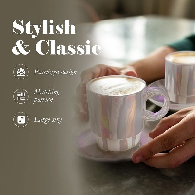 Pearlized Ceramic Mug Set with Black Metal Rack, 14 oz, 4-Piece
