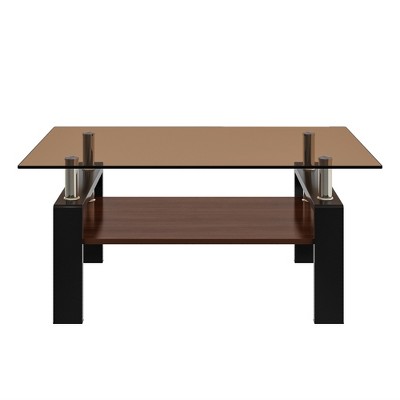 Dolonm Rectangle Coffee Table, Tempered Glass Tabletop with MDF Layer, Modern Table for Living Room , Brown Glass