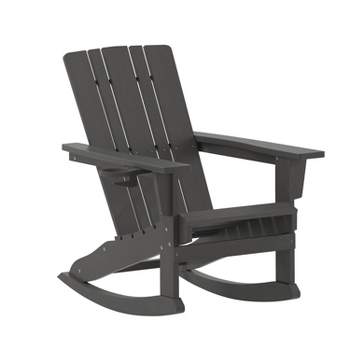 Emma and Oliver Adirondack Rocking Chair with Cup Holder, Weather Resistant HDPE Adirondack Rocking Chair