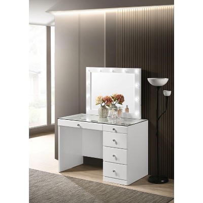 PAGED Vanity Desk with Mirror and Lights Wooden Makeup Vanity with Glass Top, 5 Drawers, Crystal Knobs for Bedroom