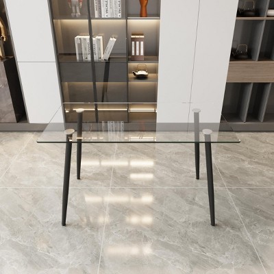 INFURNIC Desks 51" Modern Glass Dining Table for 4-6 with 0.31" Tempered Glass Tabletop and Metal Legs, Black, 51.18"*27.56"*29.53"
