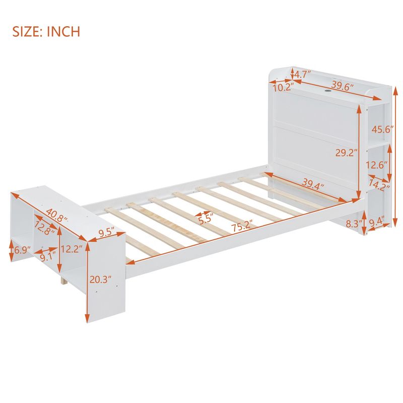 Twin/Full Size Platform Bed with Built-in Shelves, LED Light and USB Ports, White/Gray, 4A -ModernLuxe, 4 of 13