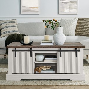 Farmhouse Coffee Table Wood Sofa Table Side Table Center Table with Sliding Barn Door&Adjustable Shelf, Rustic&Industrial, Brown+White/Gray-ModernLuxe - 1 of 4