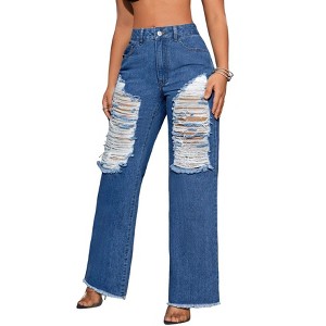 Coolmee Women's High Waisted Wide Leg Jeans Stretchy Distressed Denim Pants - 1 of 4