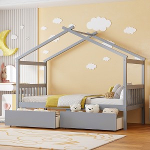 Okak Twin/Full Size House Bed Frame with 2 Storage Drawers,Solid Wood Platform Bed for Kids Room,Bedroom - 1 of 4