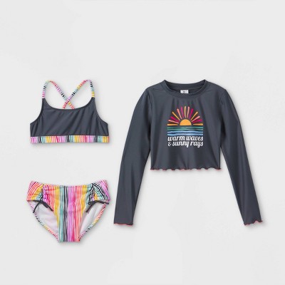 Girls' Sun Print 3pc Bikini Set with Rash Guard - art class™ Gray