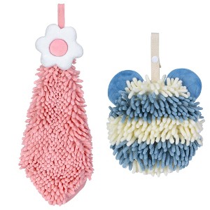 REGALWOVEN Soft Absorbent Cute Fuzzy Hanging Decorative Bathroom Chenille Hand Towel 6" x 15"/7" x 7" 2 Packs - 1 of 4