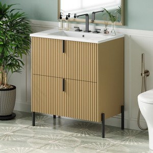 KWPZQEB 30" Modern Bathroom Vanity with Ceramic Sink, Vanity Cabinet w/ 2 Full-Extension Drawers & Vertical Pulls,Fluted Design Bath Vanity Sink Combo - 1 of 4