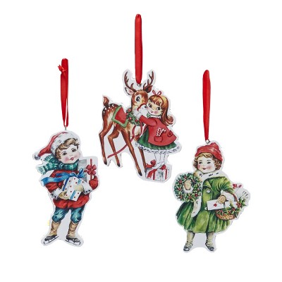 Lakeside Retro Christmas Ornaments with Children, Reindeer - Set of 3