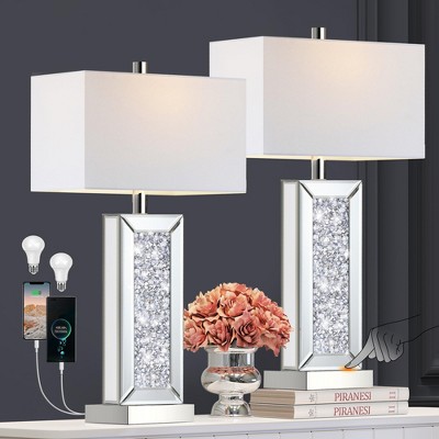 ROTTOGOON Modern Table Lamp Set of 2 Touch Control, Silver Mirror Dimmable Lamp with USB C+A Ports& White Fabric Shade for Living Room Bedroom