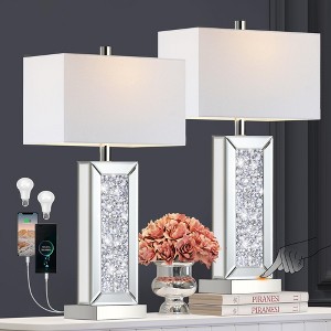 ROTTOGOON Modern Table Lamp Set of 2 Touch Control, Silver Mirror Dimmable Lamp with USB C+A Ports& White Fabric Shade for Living Room Bedroom - 1 of 4