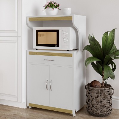 White Wood Storage Cabinet, Microwave Cart with 2 Doors 4 Casters