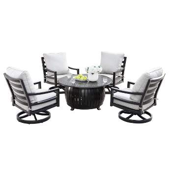 Oakland Living 5pc Deep Seating Aluminum Outdoor Patio Fire Pit Dining Set with Stripe Pattern Fire Table Copper/Gray