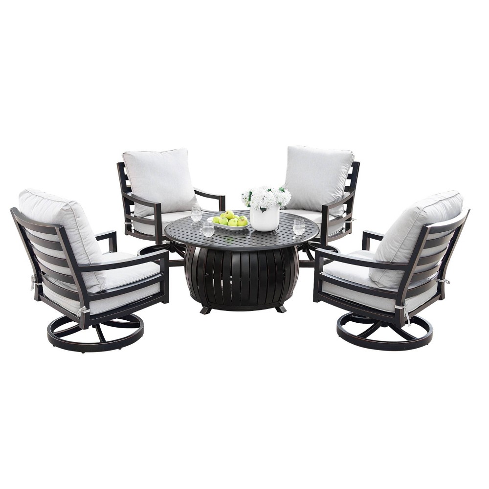 Oakland Living 5pc Deep Seating Aluminum Outdoor Patio Fire Pit Dining Set with Stripe Pattern Fire Table Copper/Gray -  85307851