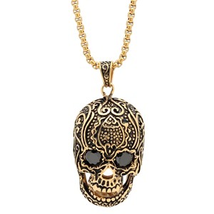 Steeltime Men's stainless steel skull pendant with simulated diamonds. Color Options: Gold/Red, Gold/Black, Silver/Red, Silver/Black - 1 of 4