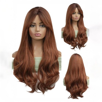 Jessie's Wig Versatile Wig for Women Long Wavy With Curtain Bangs Wig Wear and Go Resistant Synthetic Wig for Daily Reddish Brown