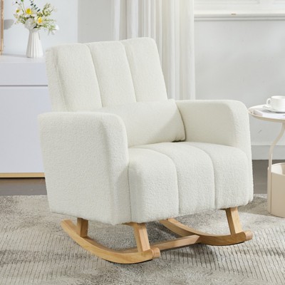 TIRAMISUBEST Accent Rocking Chair Teddy Velvet Cream White Wooden Base Pillow Ergonomic Living Room Bedroom Nursery