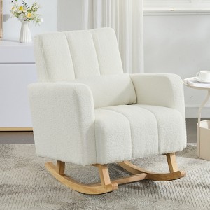 TIRAMISUBEST Accent Rocking Chair Teddy Velvet Cream White Wooden Base Pillow Ergonomic Living Room Bedroom Nursery - 1 of 4