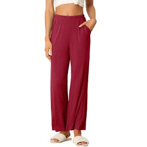INSPIRE CHIC Women's Cotton Stretchy Elastic Waist Straight Wide-Leg Pajama Pants with Pockets - 1 of 4