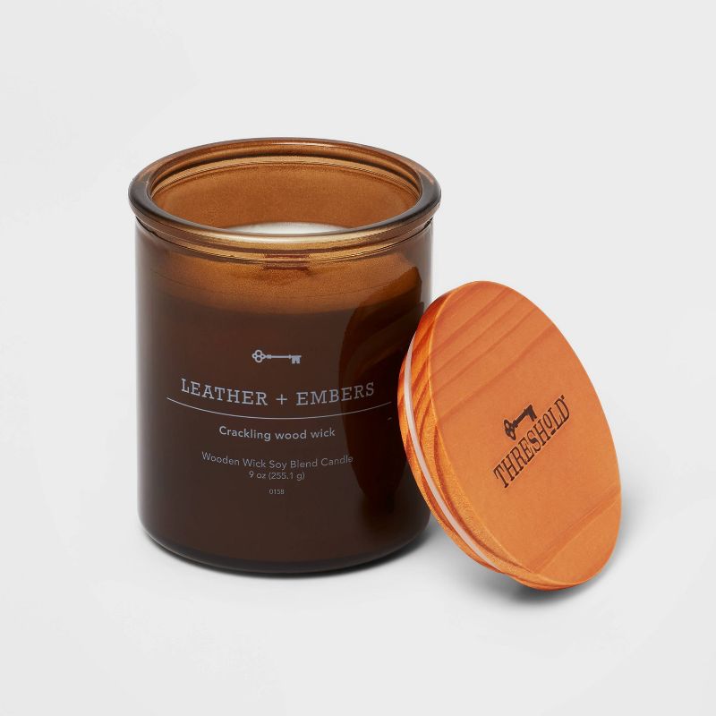 Amber Glass Leather and Embers Lidded Wooden Wick Jar Candle 9oz - Threshold&#8482;, 3 of 4