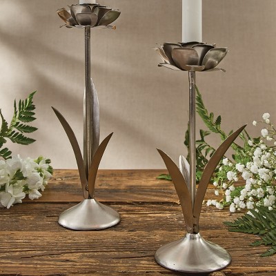 Silver Bloom Metal Tabletop Candlestick Set