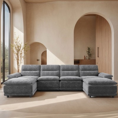 141'' Chenille Upholstered U-Shaped High-Back 6-Seat Sectional Sleeper Sofa with Movable Ottoman
