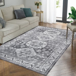 Washable Non Slip Low Pile Area Rug for Living Room Vintage Floral Indoor Carpet Stain Resistant Foldable Floor Cover - 1 of 4