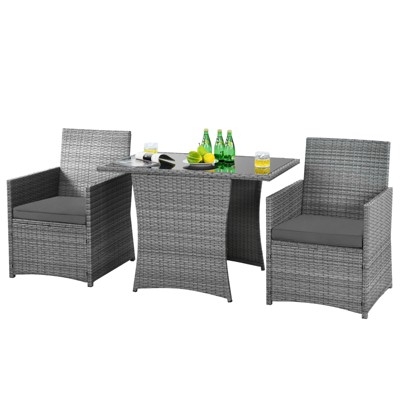Tangkula 3PCS Patio Rattan Furniture Set Outdoor Wicker Table & Chair Set w/Cushions White/Red/Gray/Turquoise/Navy