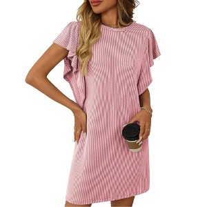 Women Summer T Shirt Dress Ruched Sleeve Crew Neck Loose Mini Dress Basic Casual Dresses - 1 of 4