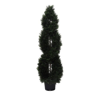 Vickerman 5' Artificial Cedar Double Spiral (UV): Indoor/Outdoor Faux Topiary with Black Plastic Pot