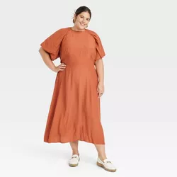 Women's Plus Size Puff Short Sleeve Dress - A New Day™ Orange 4X