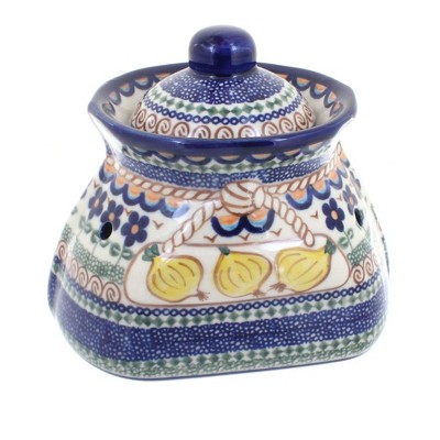 Blue Rose Polish Pottery Aztec Flower Small Garlic Keeper