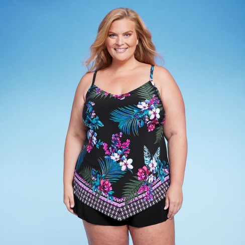 Women's Upf 50 High Neck Keyhole Tankini Top - Aqua Green® Blue 3x