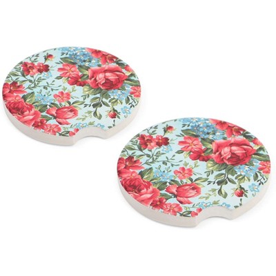 Okuna Outpost Set of 2 Pink Floral Ceramic Cup Holder Car Coasters for Drinks, Round 2.6 inch