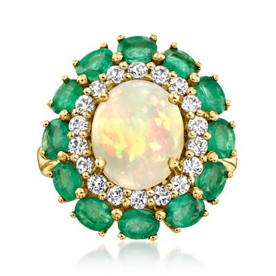 Ross-Simons Ethiopian Opal, 2.10 ct. t.w. Emerald and .70 ct. t.w. White Topaz Ring in 18kt Gold Over Sterling