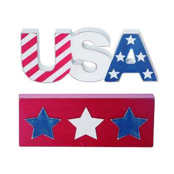 Transpac American USA Patriotic Wooden Tray Block Decor Set of 2