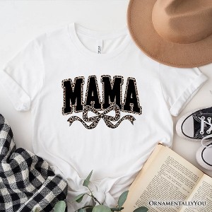 Coquette Leopard Mama T-Shirt, Retro Bow Varsity Tee for Trendy Moms| OrnamentallyYou - 1 of 4