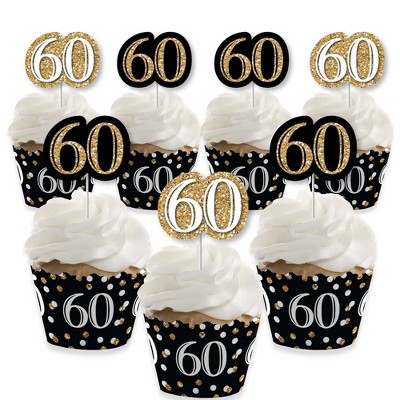 Big Dot of Happiness Adult 60th Birthday - Gold - Cupcake Decoration - Birthday Party Cupcake Wrappers and Treat Picks Kit - Set of 24