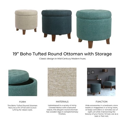 Elegant Teal Tufted Round Ottoman with Textured Weave and Storage